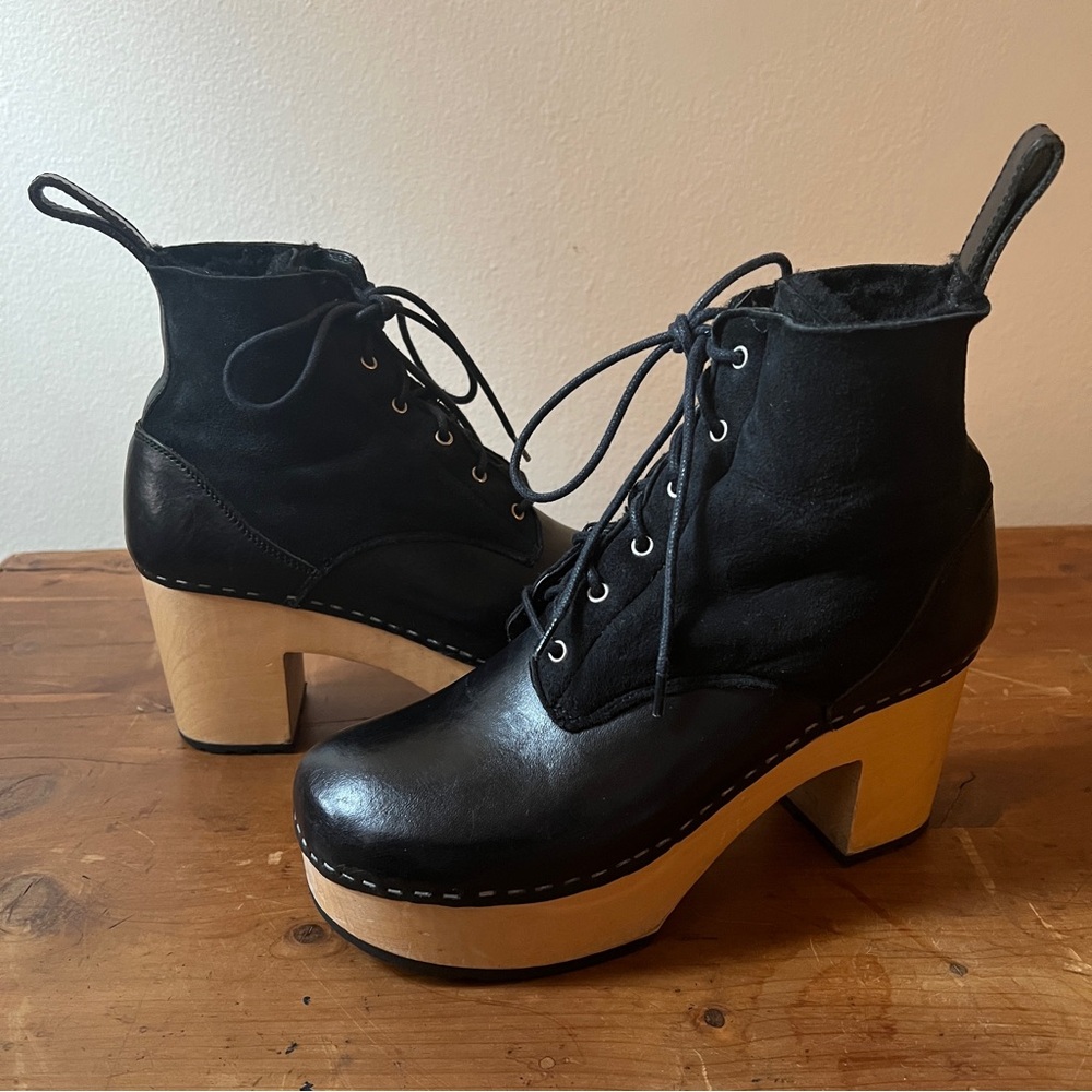 🥀 Swedish Hasbeens Black Leather Shearling Lace-Up Boots Size US 7 EU 37 🥀